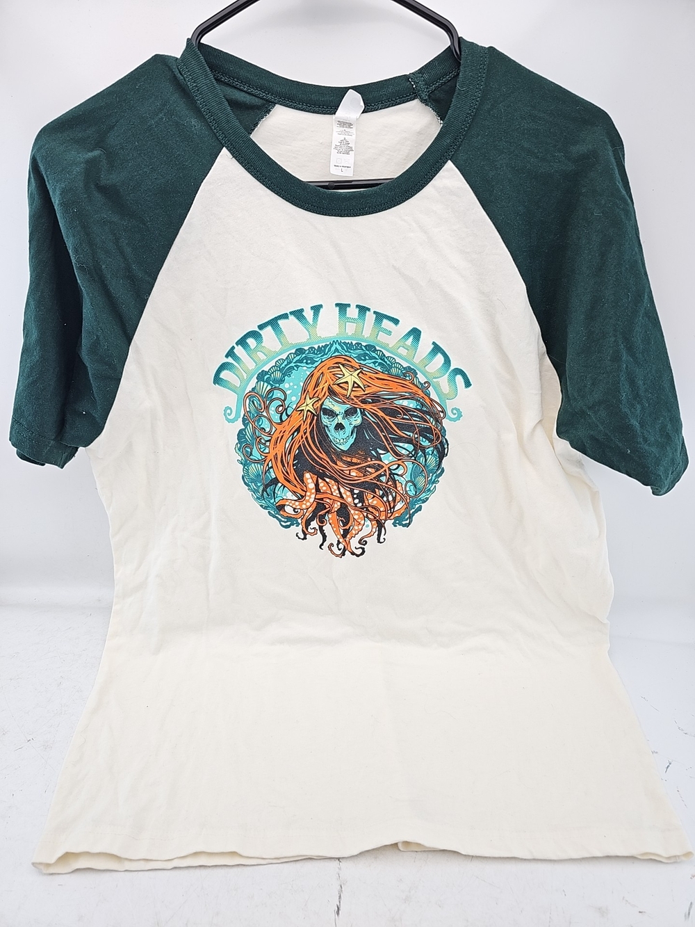 Next Level Apparel Cream Tee with Dark Green Trim Dirty Heads Skull Mermaid